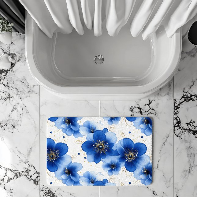 Blue Floral Pattern with Gold Accents Bath Mat (Creator Uploaded)