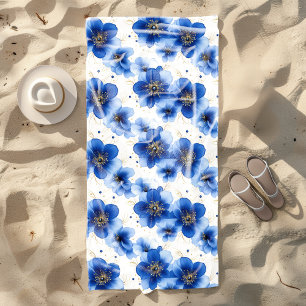 Blue Floral Pattern with Gold Accents Beach Towel