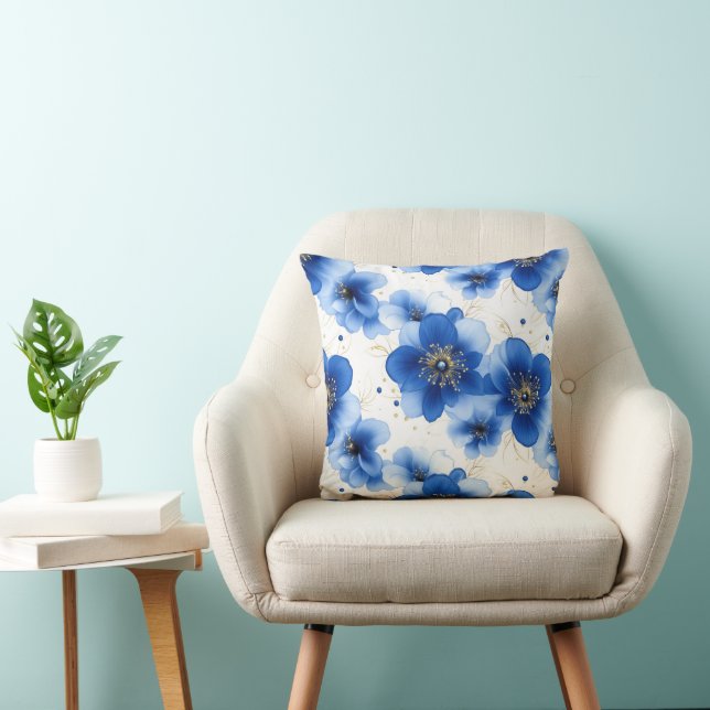 Blue Floral Pattern with Gold Accents Cushion (Chair)