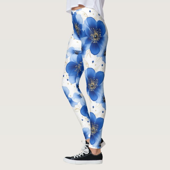 Blue Floral Pattern with Gold Accents Leggings (Left)
