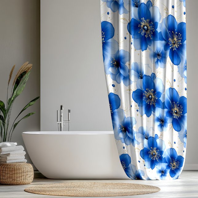 Blue Floral Pattern with Gold Accents Shower Curtain (Creator Uploaded)