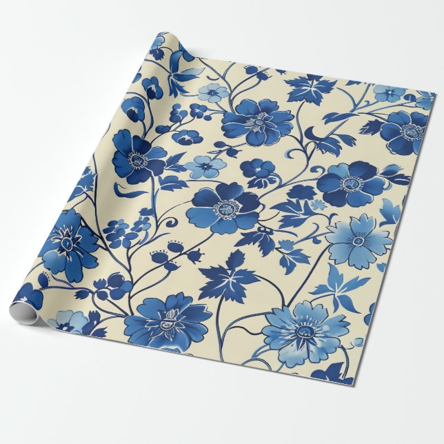 Blue floral pattern wrapping paper (Unrolled)