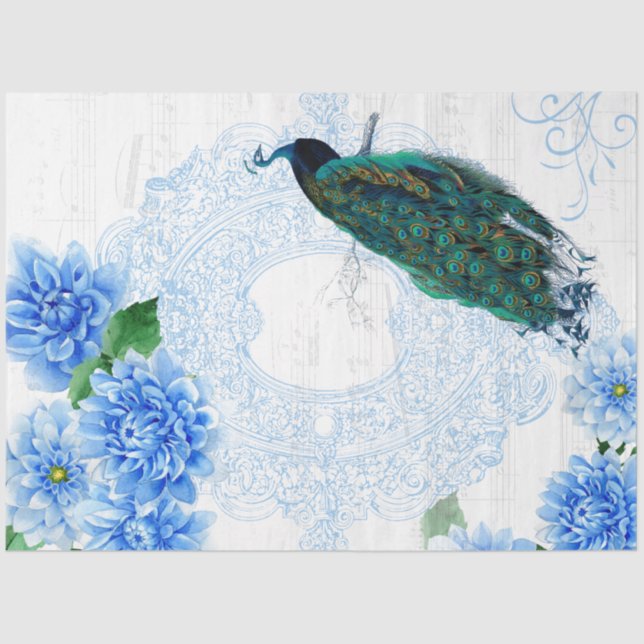 Blue Floral Peacock Tissue Paper (Front)