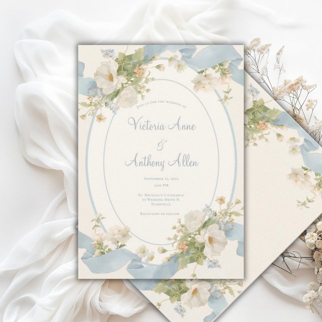 Blue Floral Peonies Romantic Elegant Wedding Invitation (Creator Uploaded)