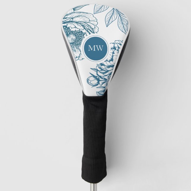 Blue Floral Peony Golf Head Cover (Front)