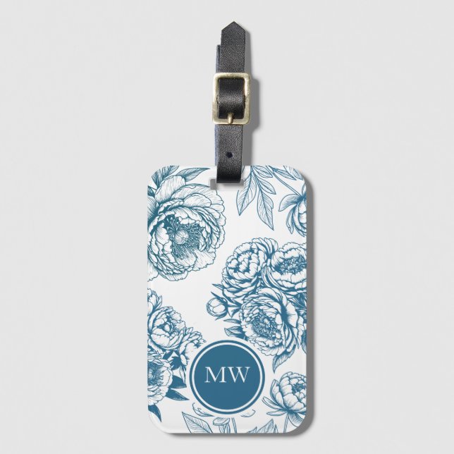 Blue Floral Peony Luggage Tag (Front Vertical)