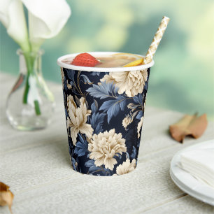 Blue Floral Peony Modern Elegant Paper Cups