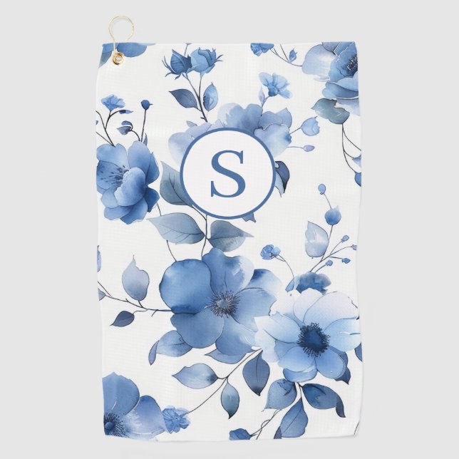 Blue Floral Personalised  Golf Towel (Front)