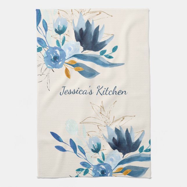 Blue Floral Personalised Kitchen Decor Tea Towel (Vertical)
