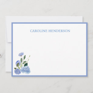 Blue Floral Personalised Name Flat Note Card