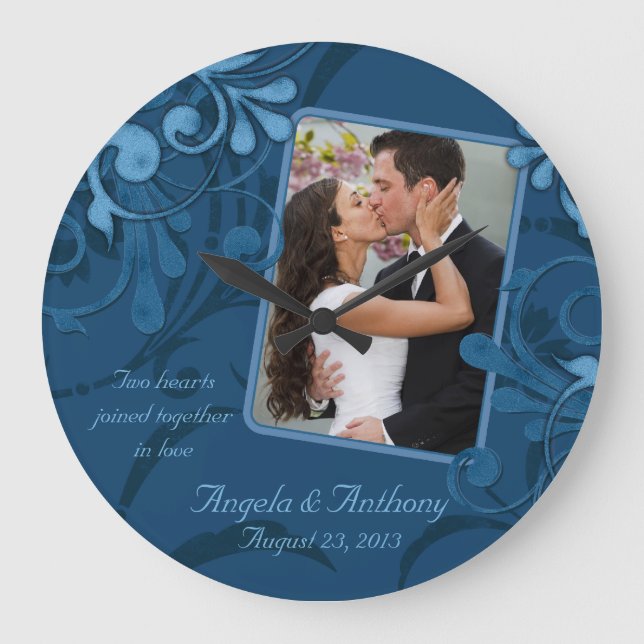 Blue Floral Personalised Photo Template Large Clock (Front)