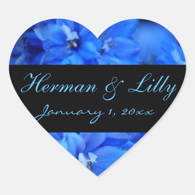 Blue Floral Personalised Wedding Heart Sticker (Front)