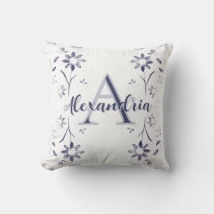 Blue Floral Personalized Monogram Name Cushion