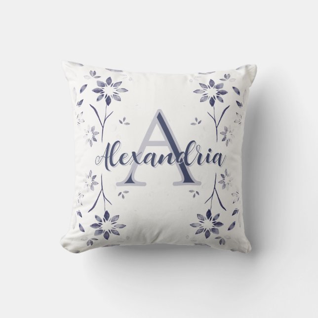 Blue Floral Personalized Monogram Name Cushion (Front)