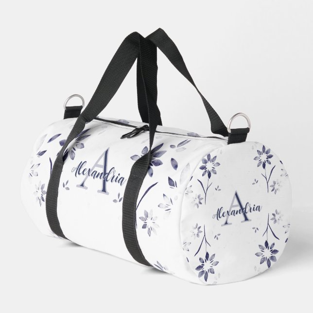 Blue Floral Personalized Monogram Name Duffle Bag (Left Corner)
