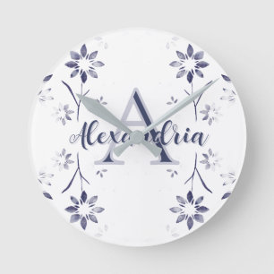 Blue Floral Personalized Monogram Name Round Clock