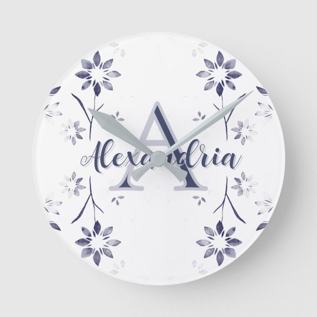 Blue Floral Personalized Monogram Name Round Clock (Front)