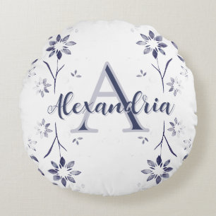 Blue Floral Personalized Monogram Name Round Cushion