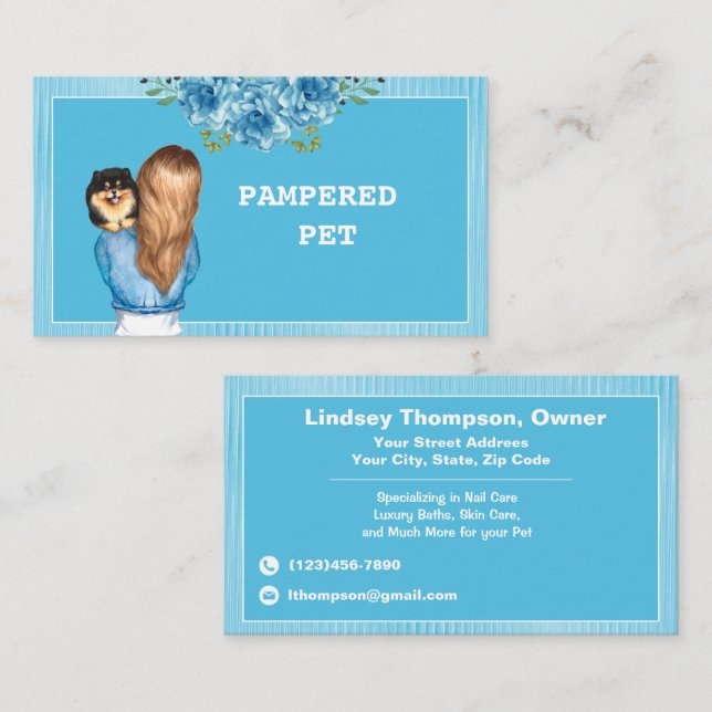 Blue Floral Pet Groomer Holding Puppy Business Card (Front/Back)