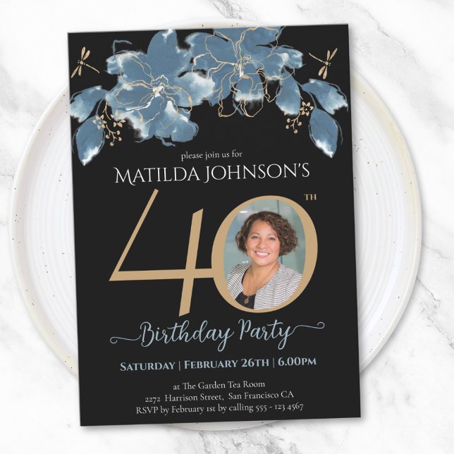 Blue Floral Photo 40th Birthday  Invitation (Blue Floral Photo 40th Birthday Invitation)