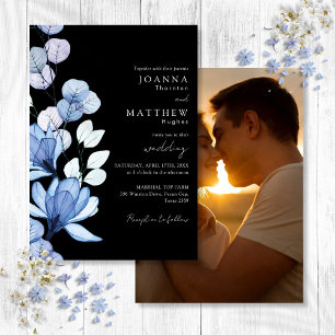 Blue Floral Photo Black and White Wedding Invitation