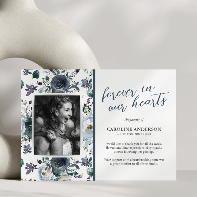 Blue Floral Photo Funeral Thank You Card (Creator Uploaded)