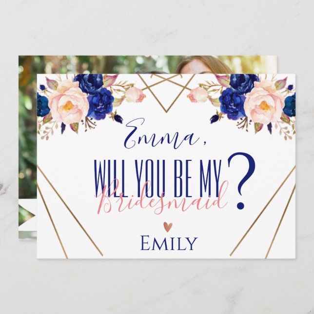 Blue Floral Photo I can't Tie The Knot Without You Invitation (Front/Back)