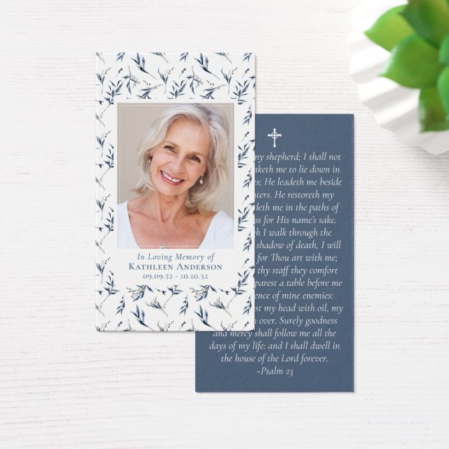 Blue Floral Photo Memorial Prayer Card (Desk)