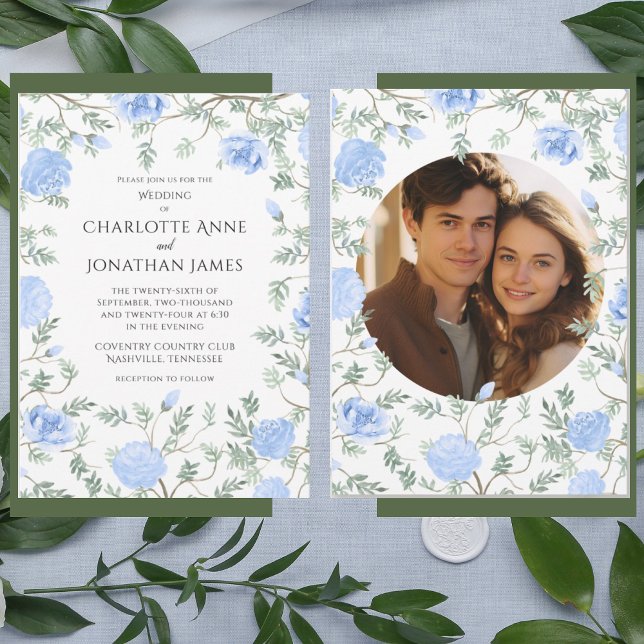 Blue Floral Photo Modern Watercolor Wedding  Invitation (Creator Uploaded)