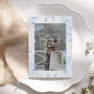 Blue Floral Photo Modern Wedding  Invitation