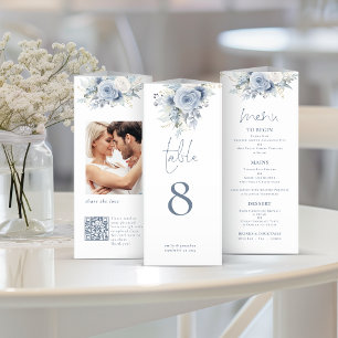 Blue Floral Photo QR Trifold Wedding Menu Table No