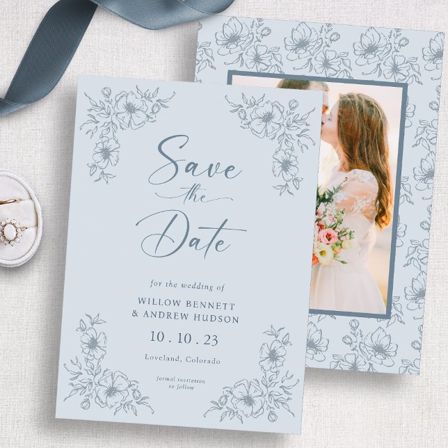 Blue Floral Photo Save The Date (Blue Floral Photo Save The Date
)