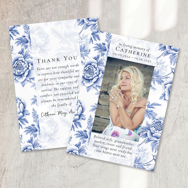 Blue Floral Photo Sympathy Funeral Memorial Thank You Card (Creator Uploaded)