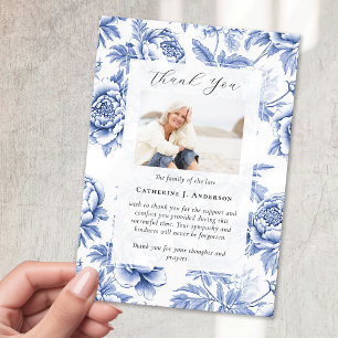 Blue Floral Photo Sympathy Funeral Memorial Thank You Card