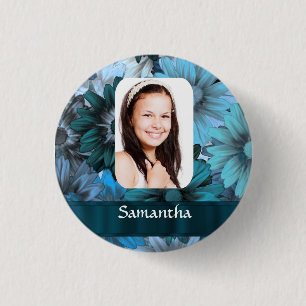 Blue floral photo template 3 cm round badge