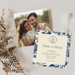 Blue Floral Photo Wedding Save the Date