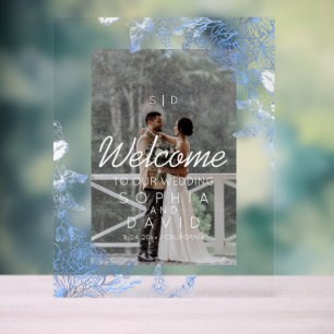 Blue Floral Photo Wedding Welcome Sign