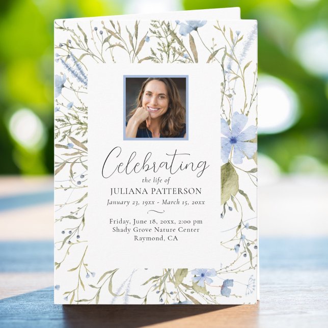 Blue Floral Photos Celebration of Life Funeral Programme (Creator Uploaded)