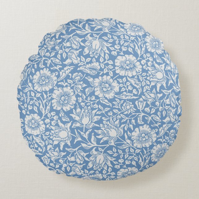 Blue Floral Pillow, Wildflowers, Blue, Ivory  Thro Round Cushion (Front)