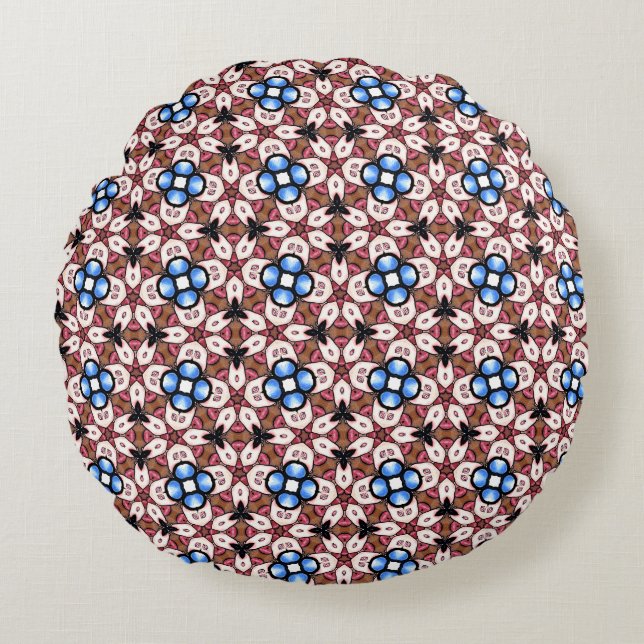 Blue Floral  Pink and Brown Round Cushion (Front)