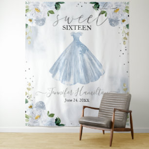 Blue Floral Pink Dress Sweet 16 Backdrop Tapestry