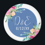 Blue Floral Pink Rosebud Wedding Personalised Magnet<br><div class="desc">Personalised wedding reminder magnet with couple's initials with pretty pink floral accents and blue centre with white font. Elegant floral wedding theme.</div>
