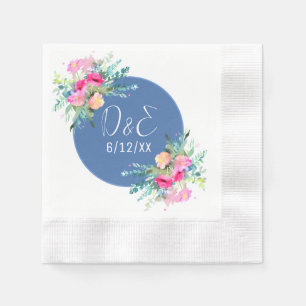 Blue Floral Pink Rosebud Wedding Personalised Napkin