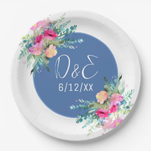 Blue Floral Pink Rosebud Wedding Personalised Paper Plate