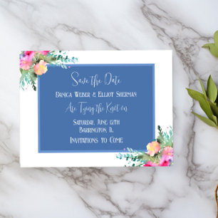 Blue Floral Pink Rosebud Wedding Save the Date Invitation