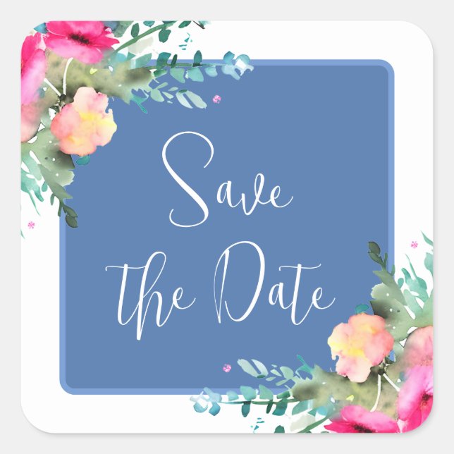 Blue Floral Pink Rosebud Wedding Save the Date Square Sticker (Front)