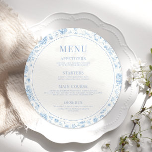 Blue floral porcelain chinoiserie wedding round menu