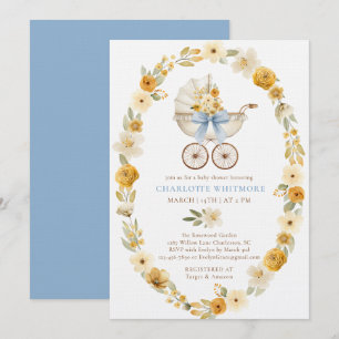 Blue Floral Pram Baby Shower Invite