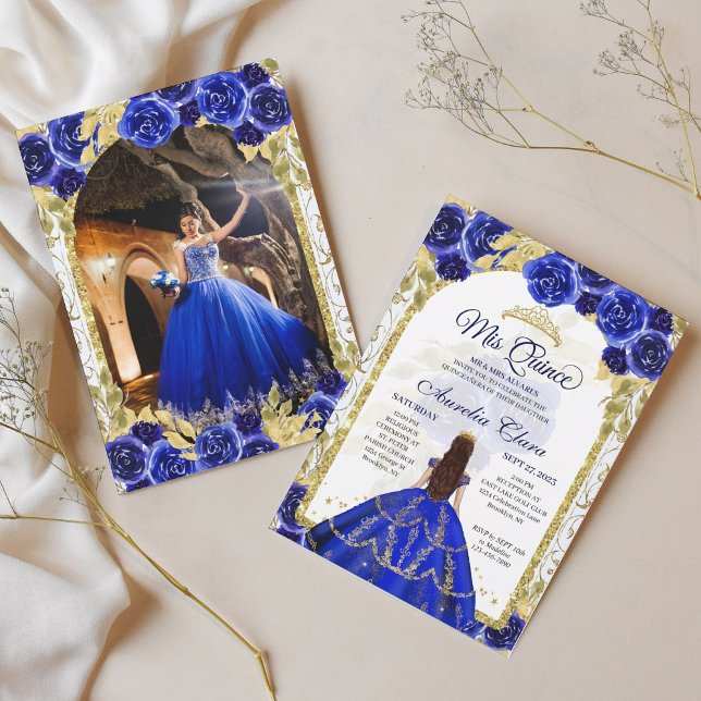 Blue Floral Princess Gold Arch Quinceanera Photo Invitation (Creator Uploaded)