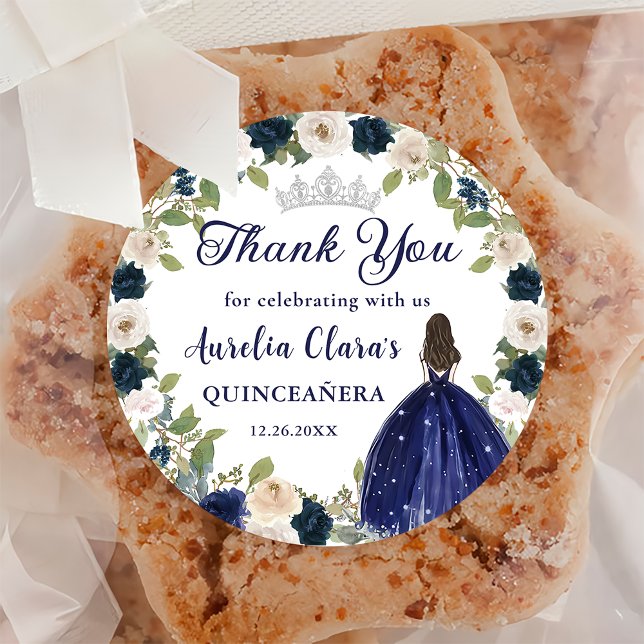 Blue Floral Princess Quinceañera Birthday Classic Round Sticker (Creator Uploaded)